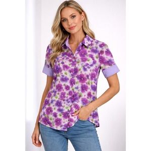 Perlavera Purple Pansy Floral Short Sleeve Button Down Shirt Womens Size L